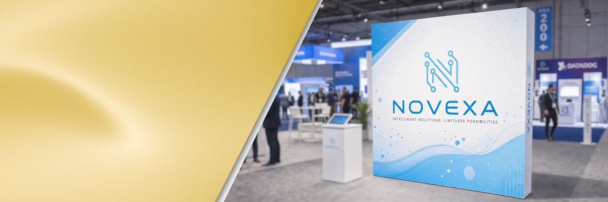 A slide featuring a fabric pop up display at a trade show