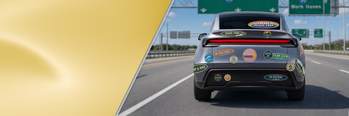 Car on the road with custom round and oval bumper stickers all over its rear