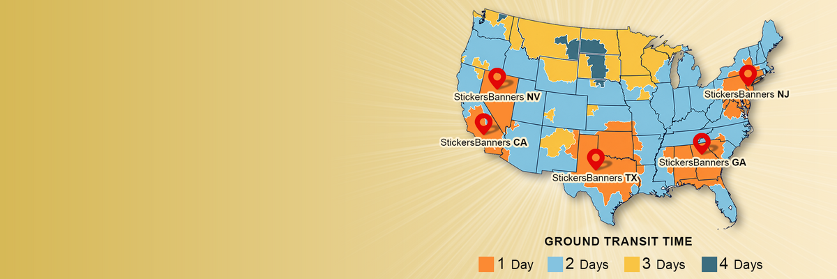 A slide featuring StickersBanners' shipping map, color coded based on Ground transit time (1-4 days)