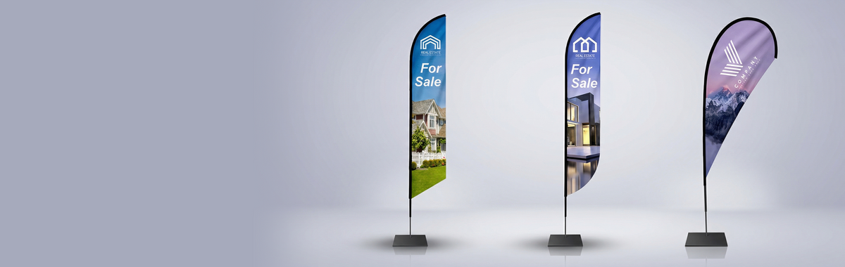 three flag banners side by side, with the shapes in the following order from left to right: angled, convex, and teardrop