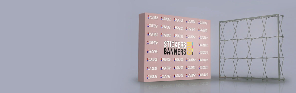 A pink fabric step and repeat banner featurinng various StickersBanners logos displayed smoothly on a pop up stand