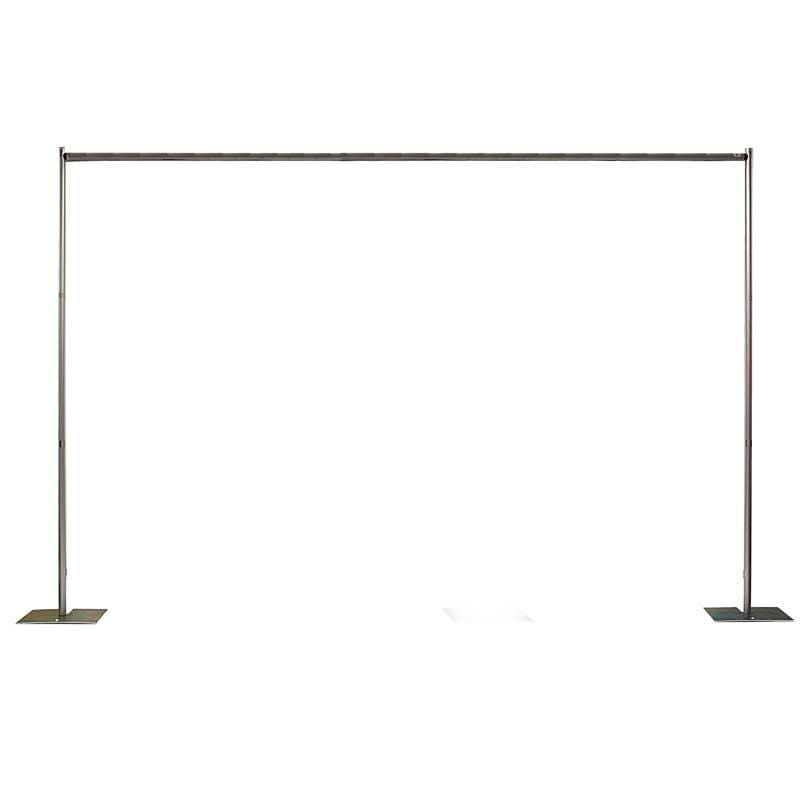 Black metal display stand on a white background