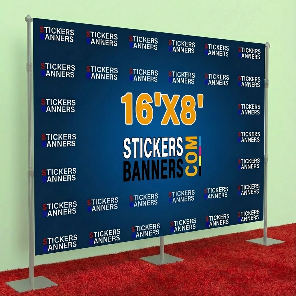 16'x8' Fabric Step and Repeat Banner with Stand and Red Carpet