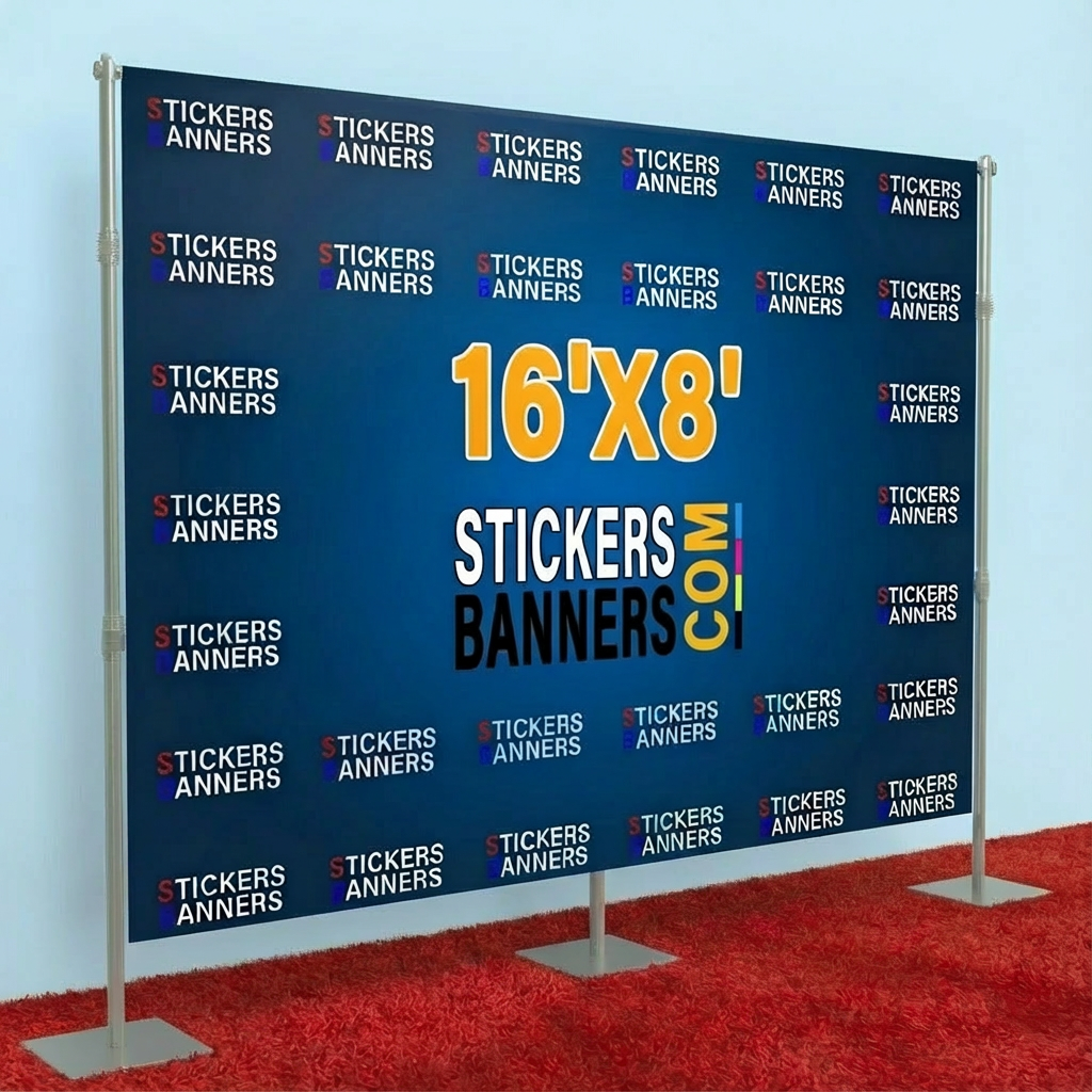 16'x8' Vinyl Step and Repeat Banner with Stand and Red Carpet