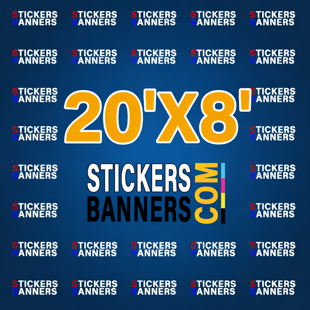 Promotional graphic for Stickers Banners with text and branding on a blue background.