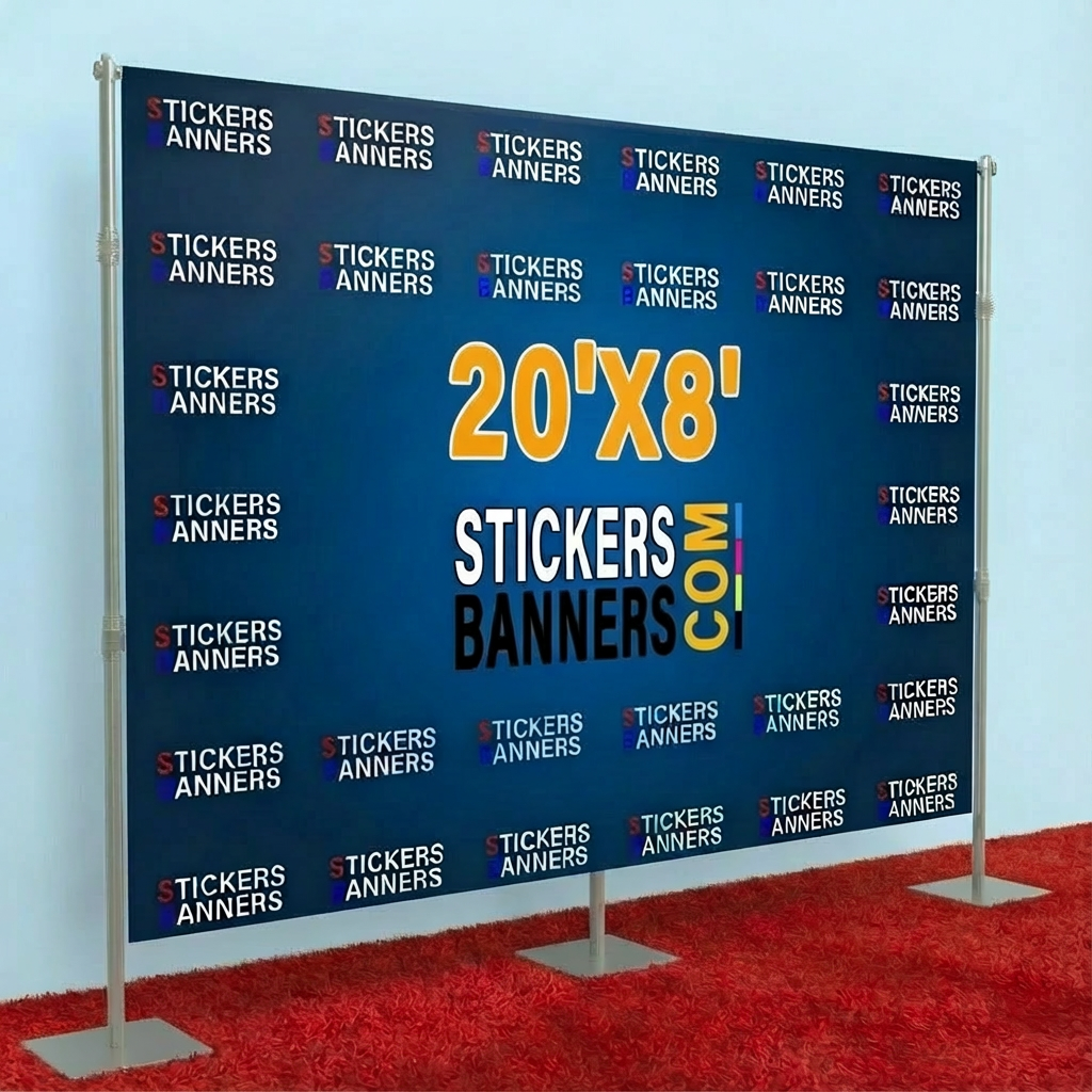 Stickers Banners display stand with blue backdrop and branding on a red carpet.