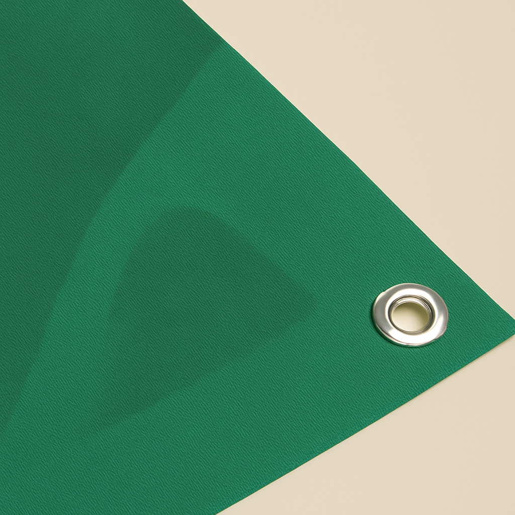 Green fabric with a metal grommet on a beige background