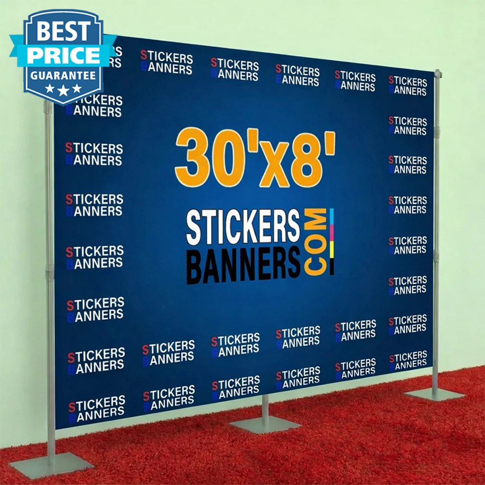 30'x8' Fabric Step and Repeat Banner with Stand and Red Carpet