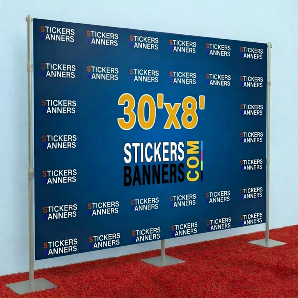 Large blue banner with 'Stickers Banners' branding on a red carpet