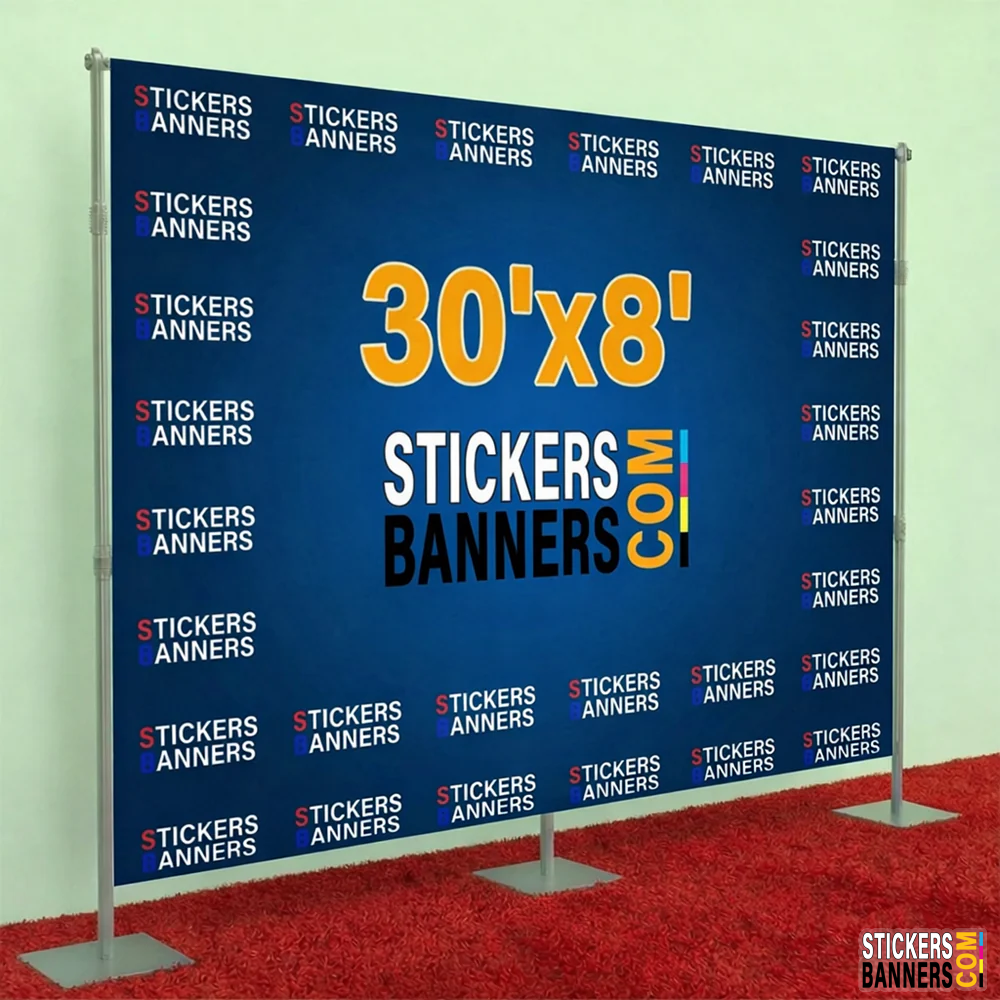 30'x8' Fabric Step and Repeat Banner with Stand and Red Carpet