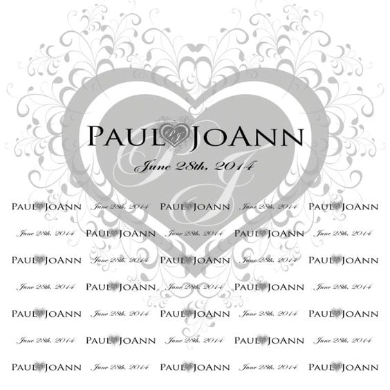 Decorative design with intertwined hearts and names 'Paul' and 'Joann' on a white background.