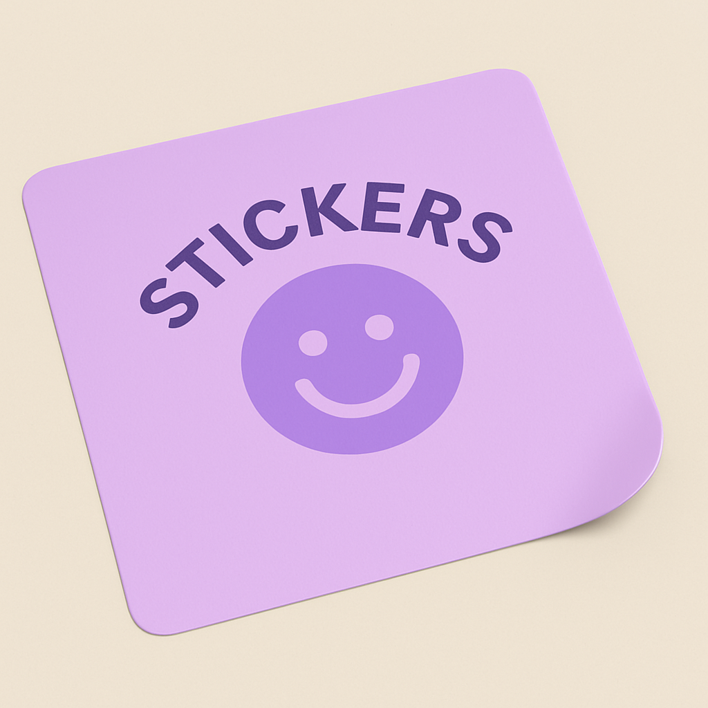 Purple sticker sheet with smiley face and 'STICKERS' text on a beige background