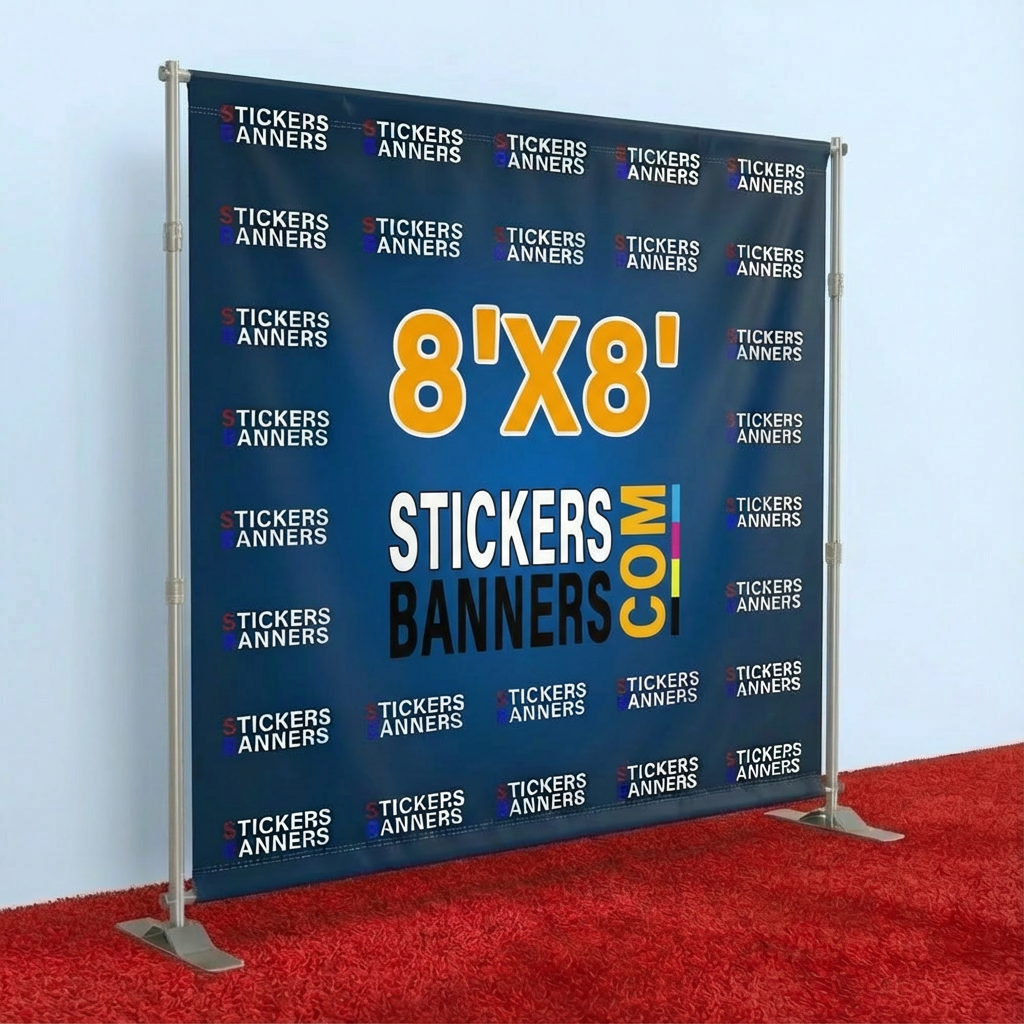 8'x8' Vinyl Step and Repeat Banner with Stand and Red Carpet