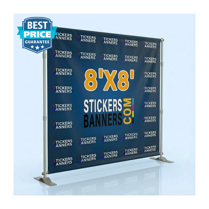 8'x8' banner stand with 'Stickers Banners' branding on a light blue background
