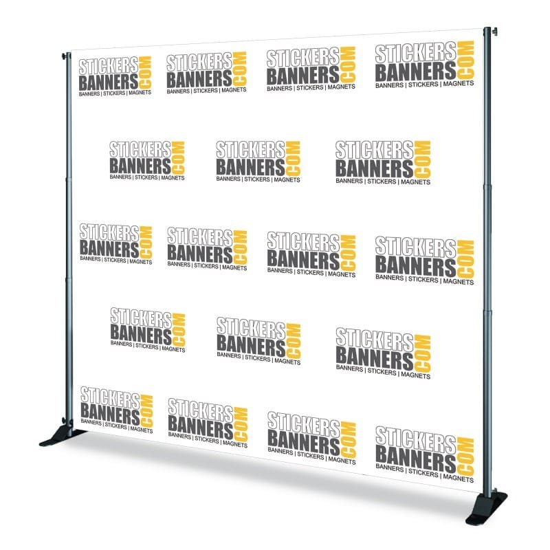 Stickers and Banners.com display stand with branded backdrop