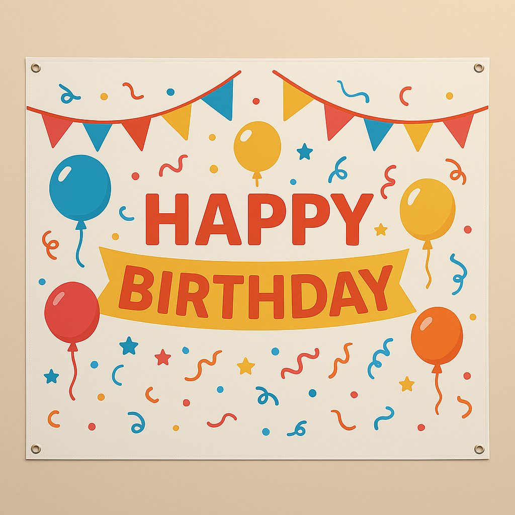 Colorful 'Happy Birthday' poster with balloons and flags on a beige background