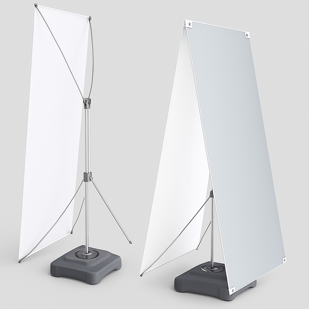 Two stand-up display boards with white panels on a gray background