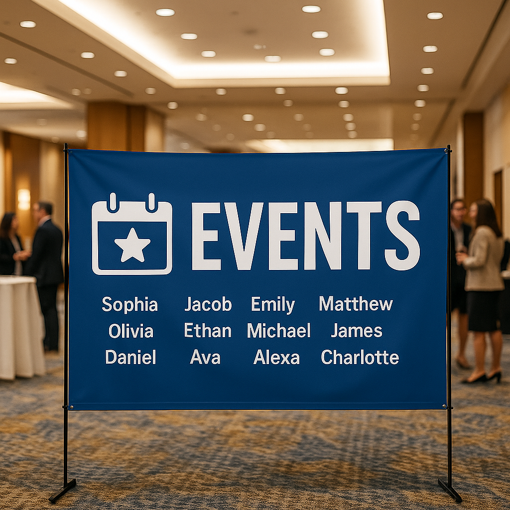Blue banner with 'EVENTS' and names in a conference room setting
