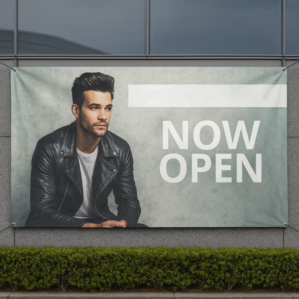 Man in leather jacket on a 'Now Open' sign outside a building
