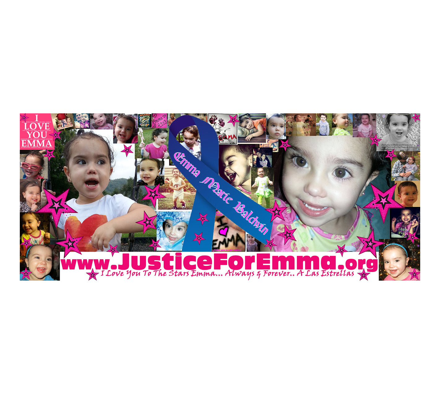 Memorial ribbon with photos of a child and text 'Justice For Emma' on a white background