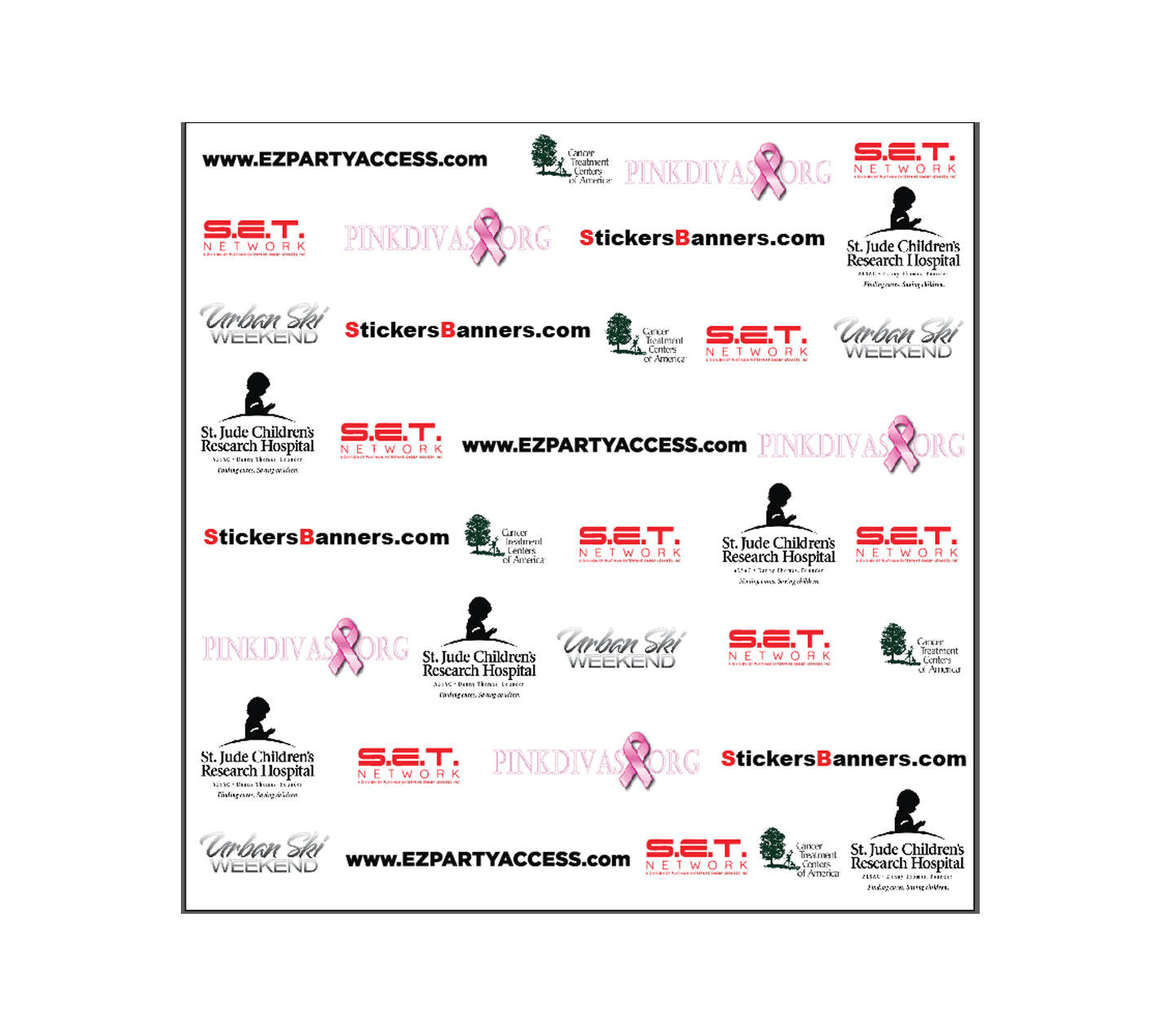 Repetition of various logos and text on a white background