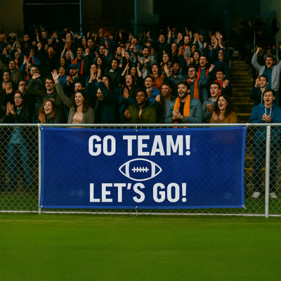 Supportive crowd at a sports event with a 'Go Team! Let's Go!' banner.