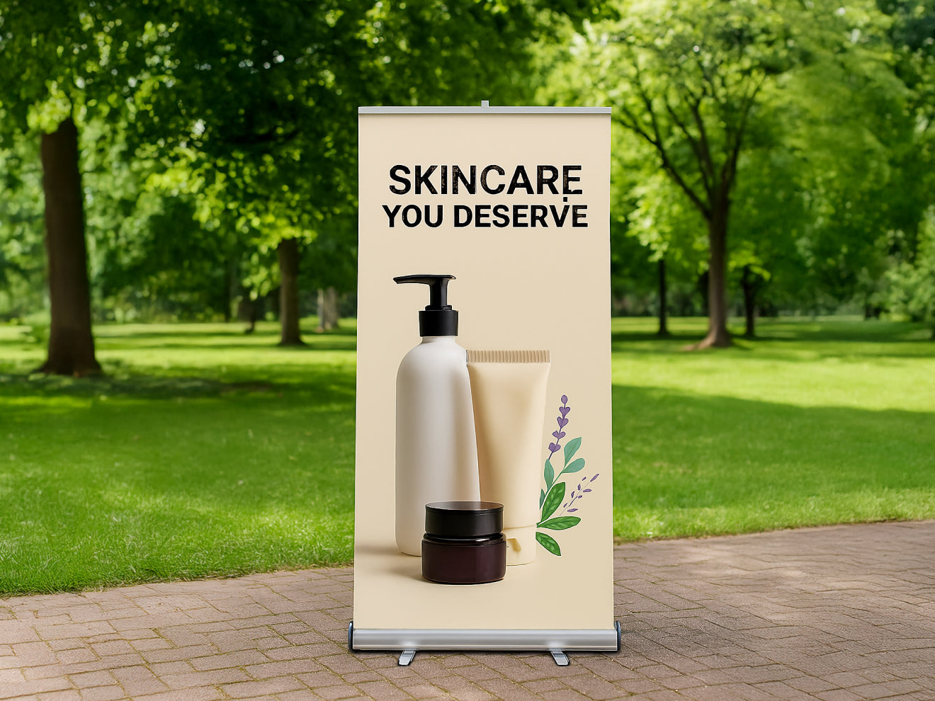 Roll-up banner with skincare products and 'Skincare You Deserve' text in a park setting.