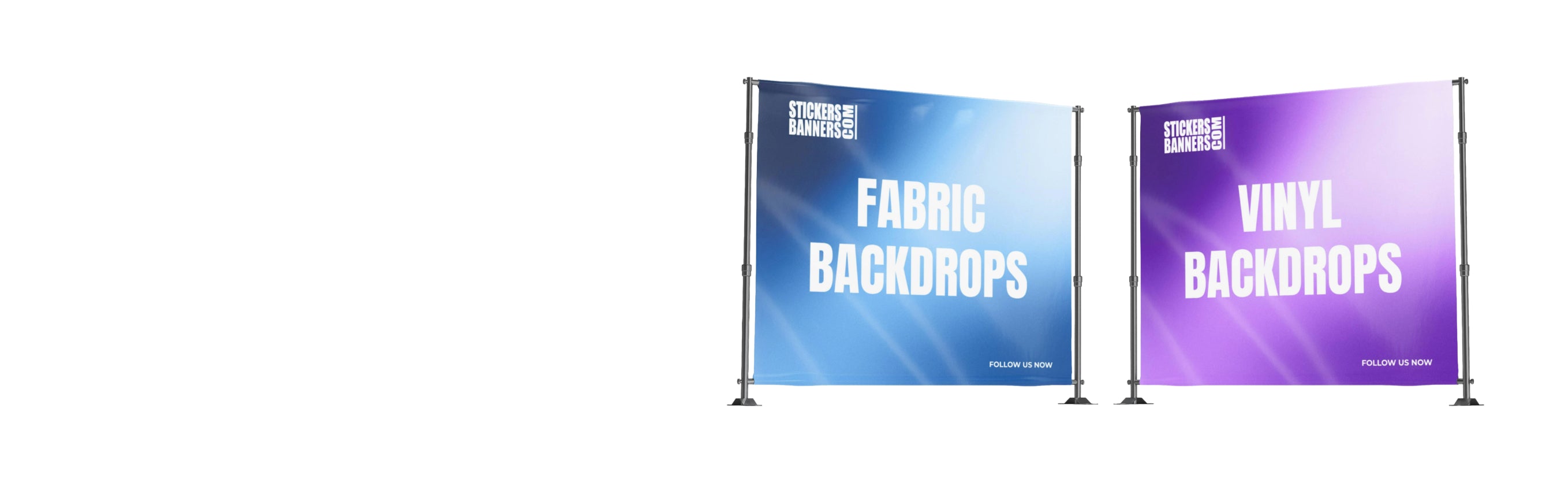 Two fabric backdrops with text on a white background