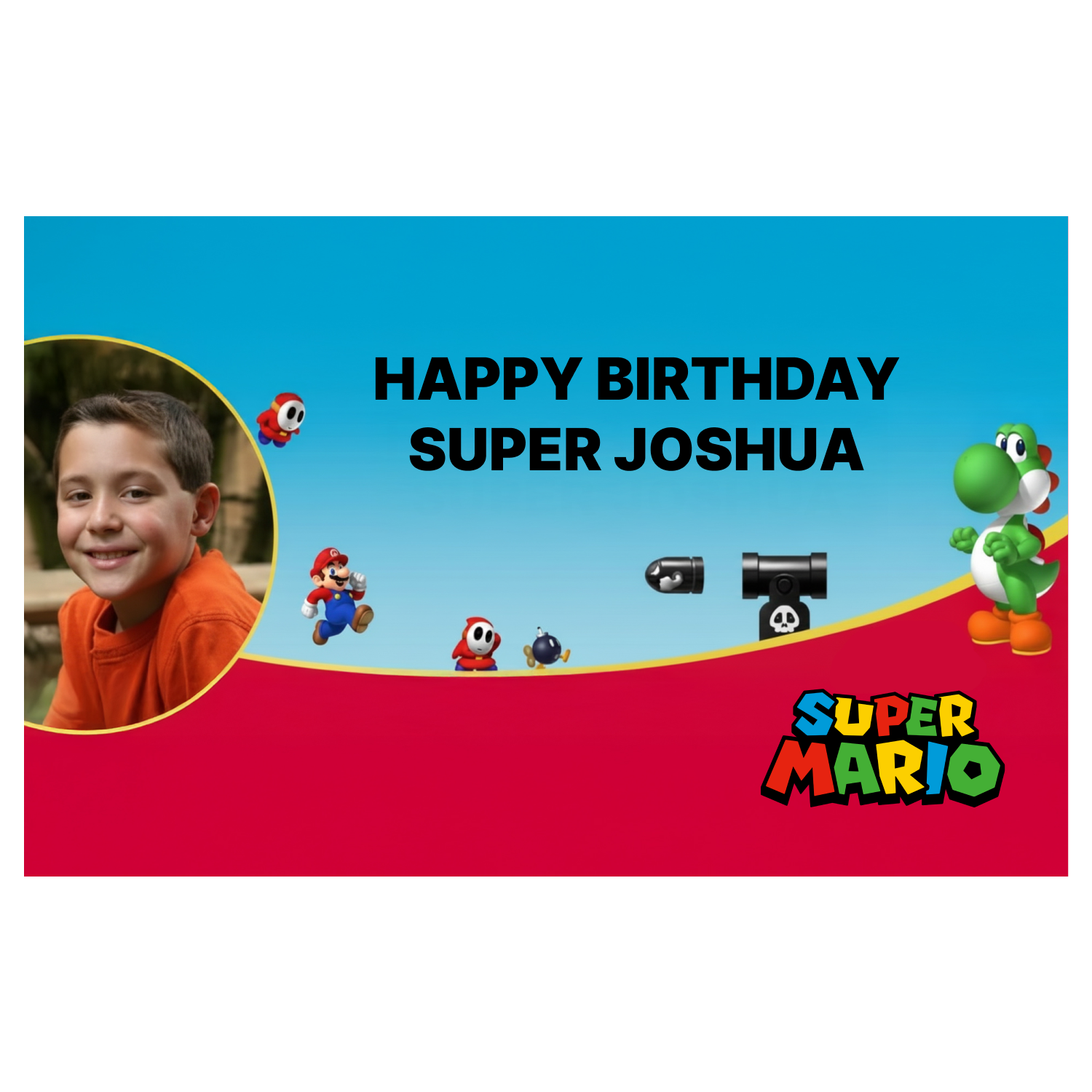 Birthday banner with Super Mario characters and a child's photo, personalized for 'Super Joshua'.