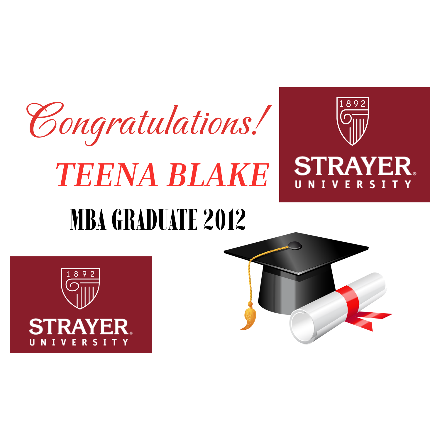 Graduation-themed graphic with Strayer University logos, a cap, and diploma on a white background.