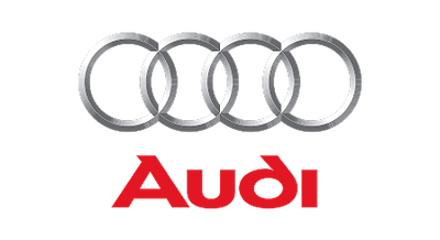Audi logo with four silver rings and red 'Audi' text on a white background