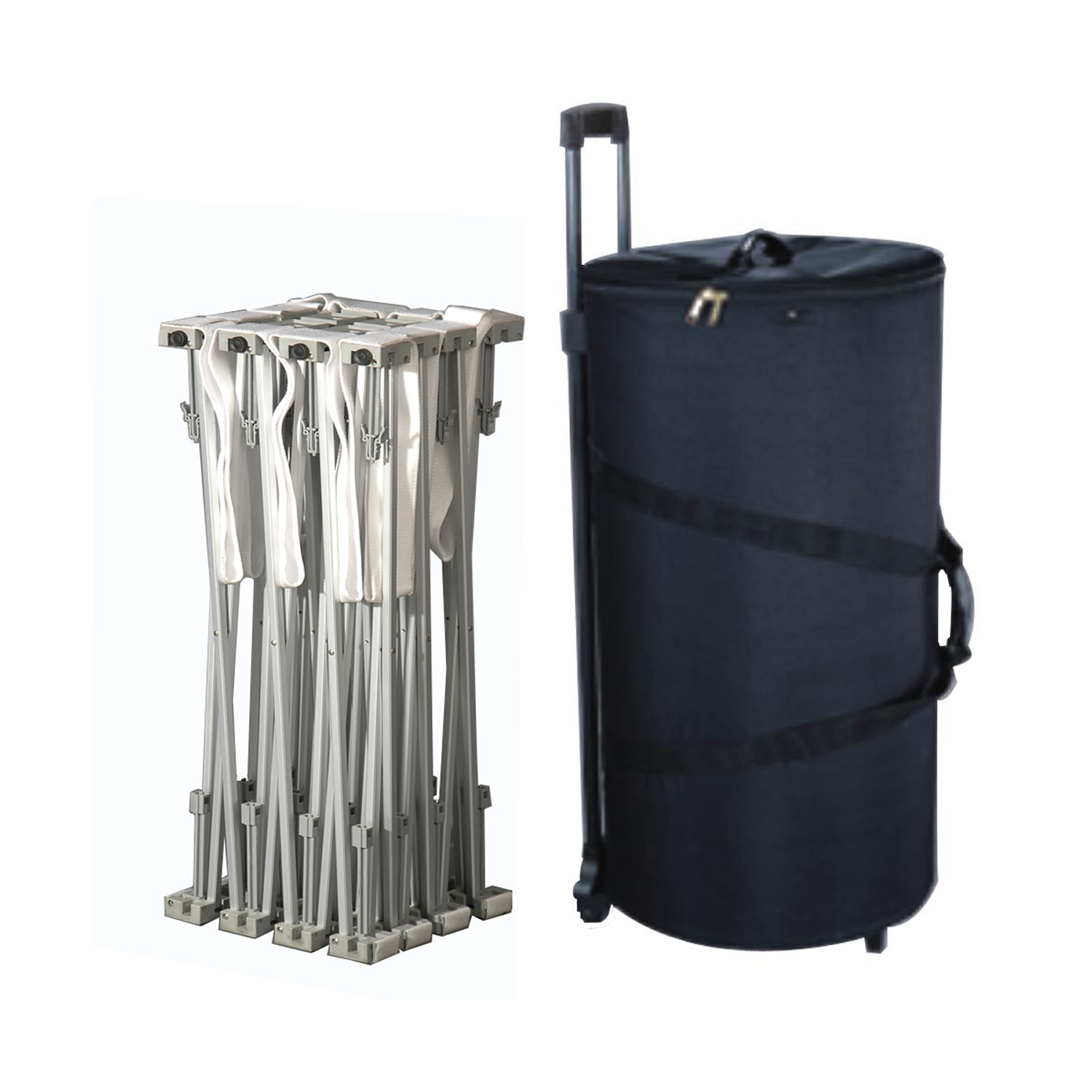 Metal stand with folded poles next to a black rolling bag on a white background