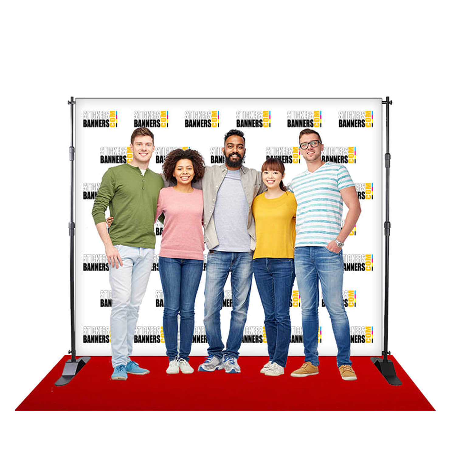 Group of five people standing on a red carpet in front of a backdrop with 'Banners' branding.