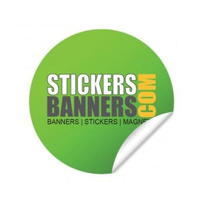 Green round sticker with 'StickersBanners.com' text on a white background