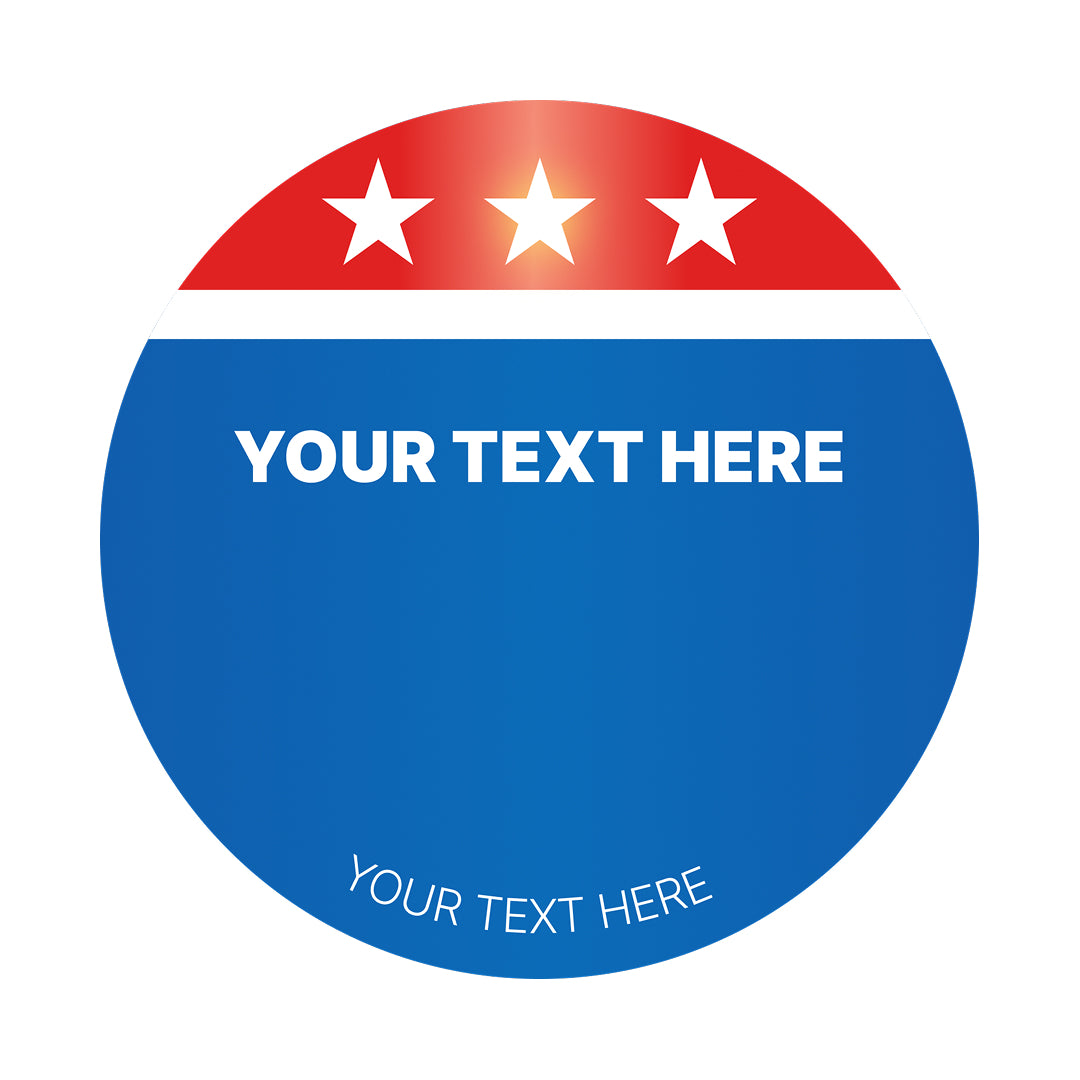 Circular sticker with red top section featuring three white stars and customizable text area in blue.
