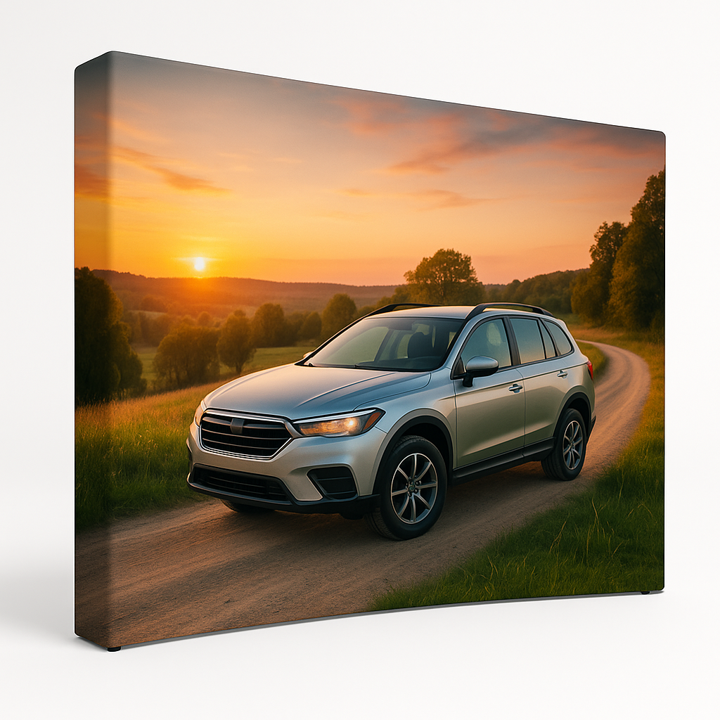 SUV on a scenic road with a sunset in the background