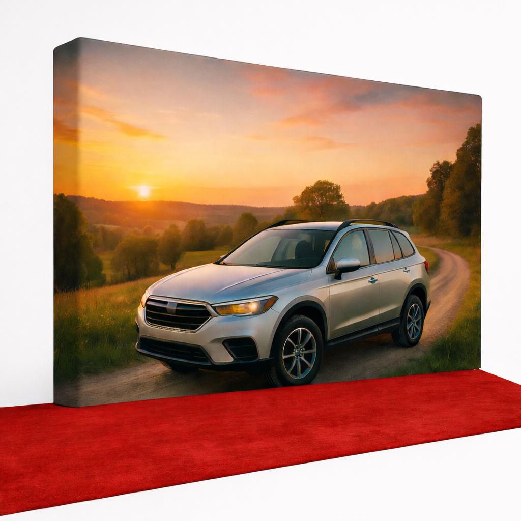 Car on a scenic road with sunset backdrop