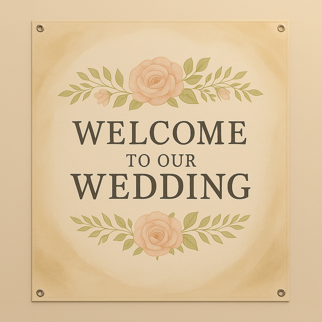 Wedding welcome sign with floral decorations on a beige background