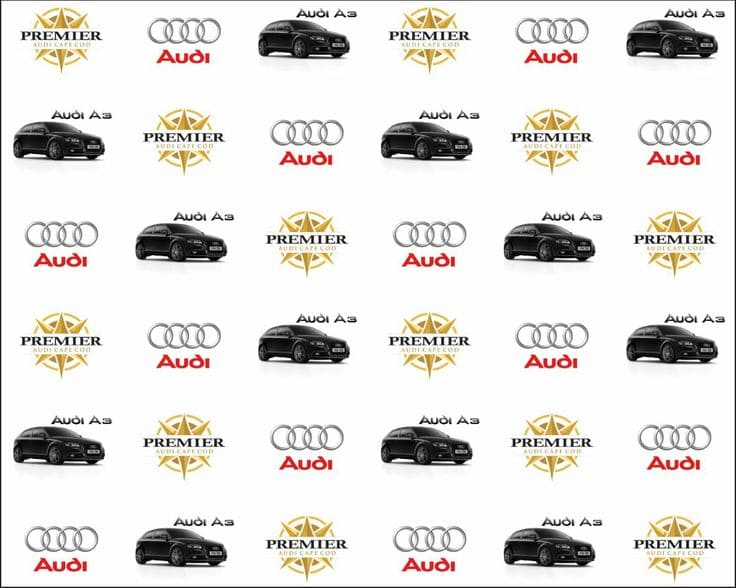 Repetition of Audi cars and logos on a white background