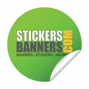 Green round sticker with 'StickersBanners.com' text on a white background
