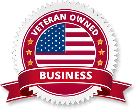 Seal with 'Veteran Owned Business' text and American flag on a white background