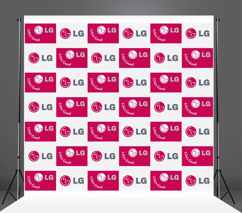 LG branded backdrop with repeated logo pattern on a gray background