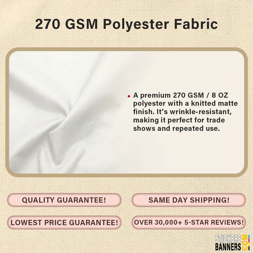 270 GSM Polyester Fabric description with fabric texture and promotional text on a beige background