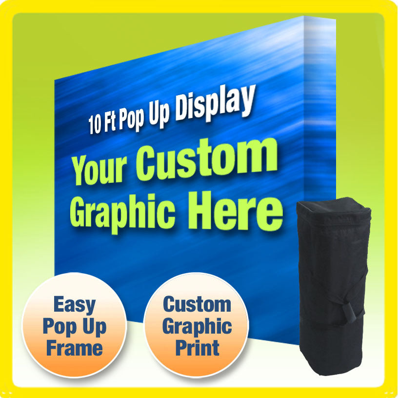 10 Ft Pop Up Display with customizable graphic text and a folded black display stand.