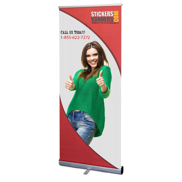 Retractable banner with a woman giving thumbs up, featuring 'StickersBanners.com' on a white background.