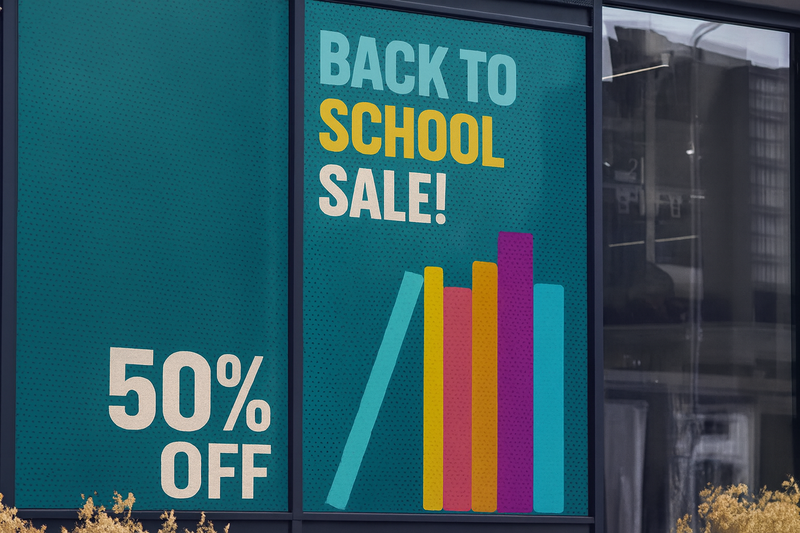 Promotional sign for a back-to-school sale with books and 50% off text on a teal background.
