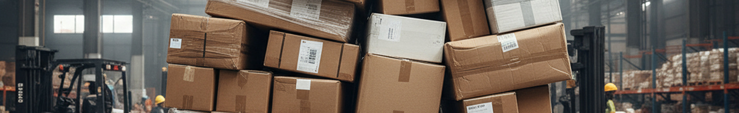 Stacks of cardboard boxes with labels in a warehouse setting